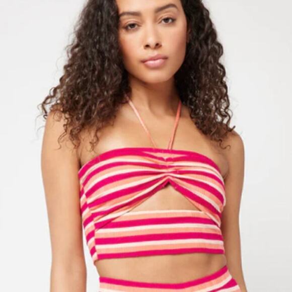 L*Space Women's Halter Neck Paloma Striped Rib Crop Top Size S Pink Oran… - Picture 1 of 5